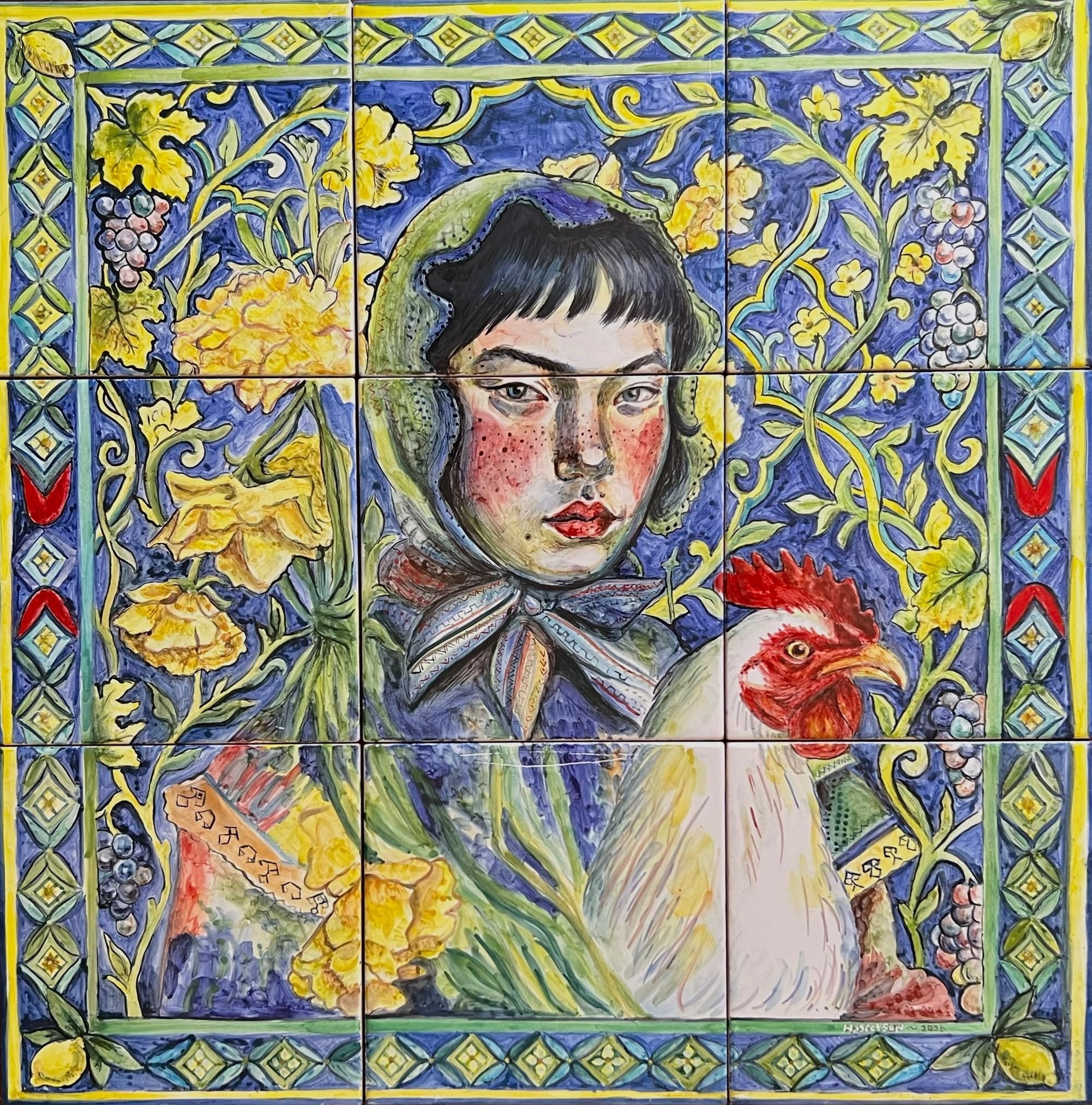 Hand-painted tile panel of a young figure with a rooster, surrounded by yellow flowers and cobalt blue ornament